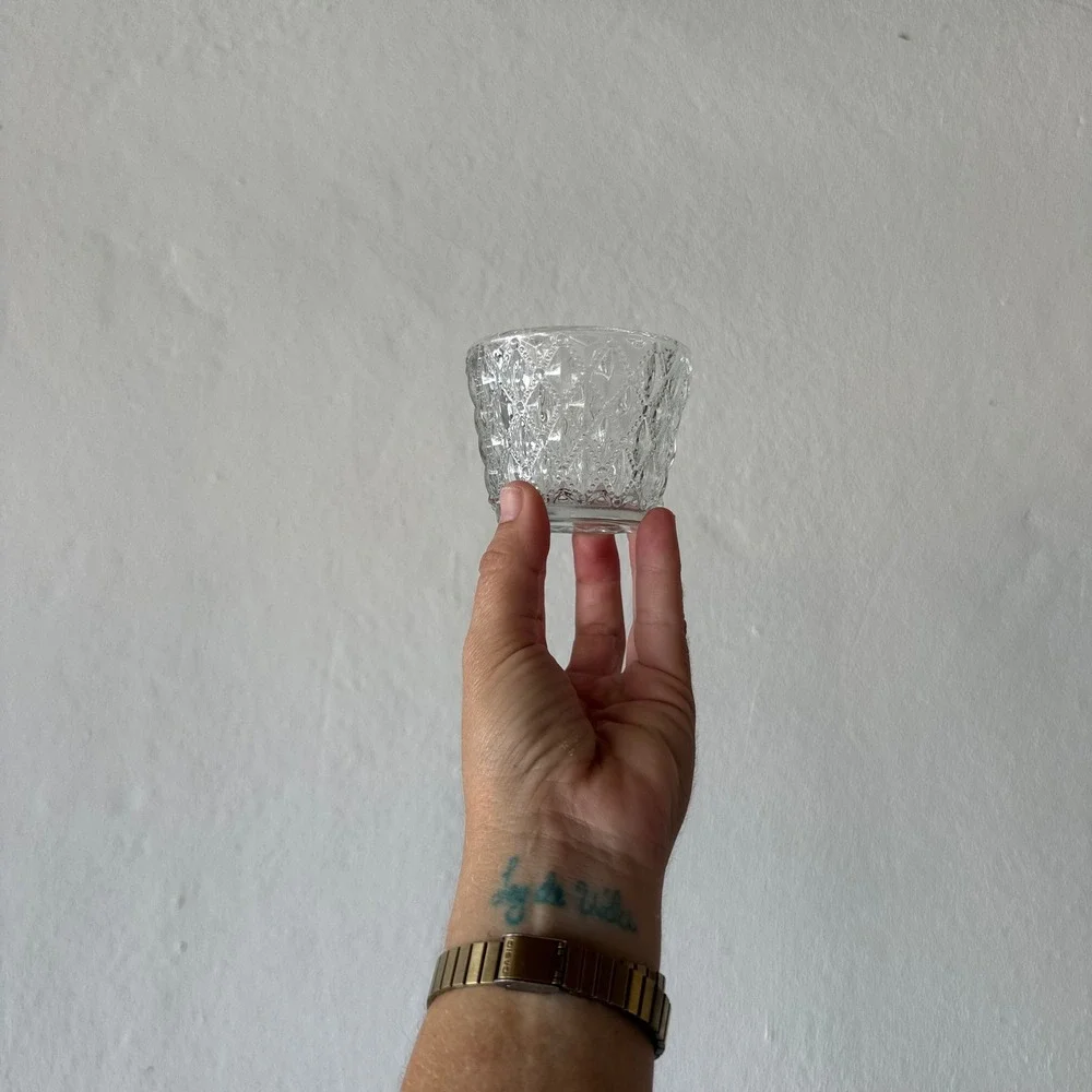 Clear Pressed Glass Diamond Point Beaded Votive Candle Holder 2in